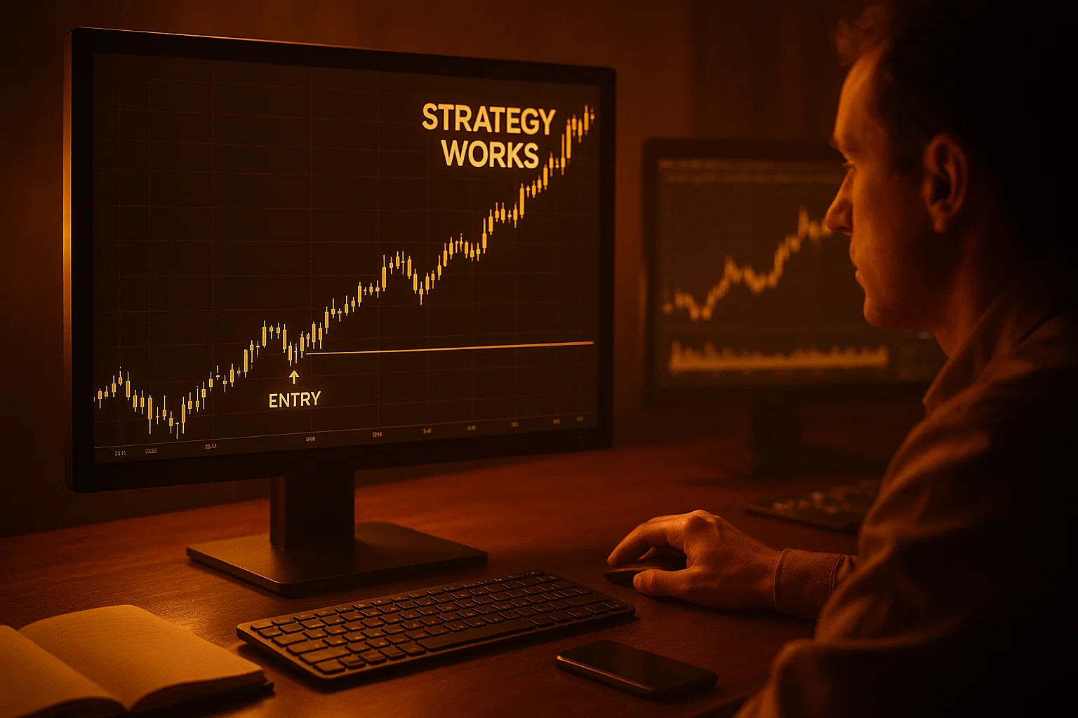 A high-quality, golden-toned visual of a trading chart showing a successful pullback entry point labeled "ENTRY", illustrating how the Strategy Works.