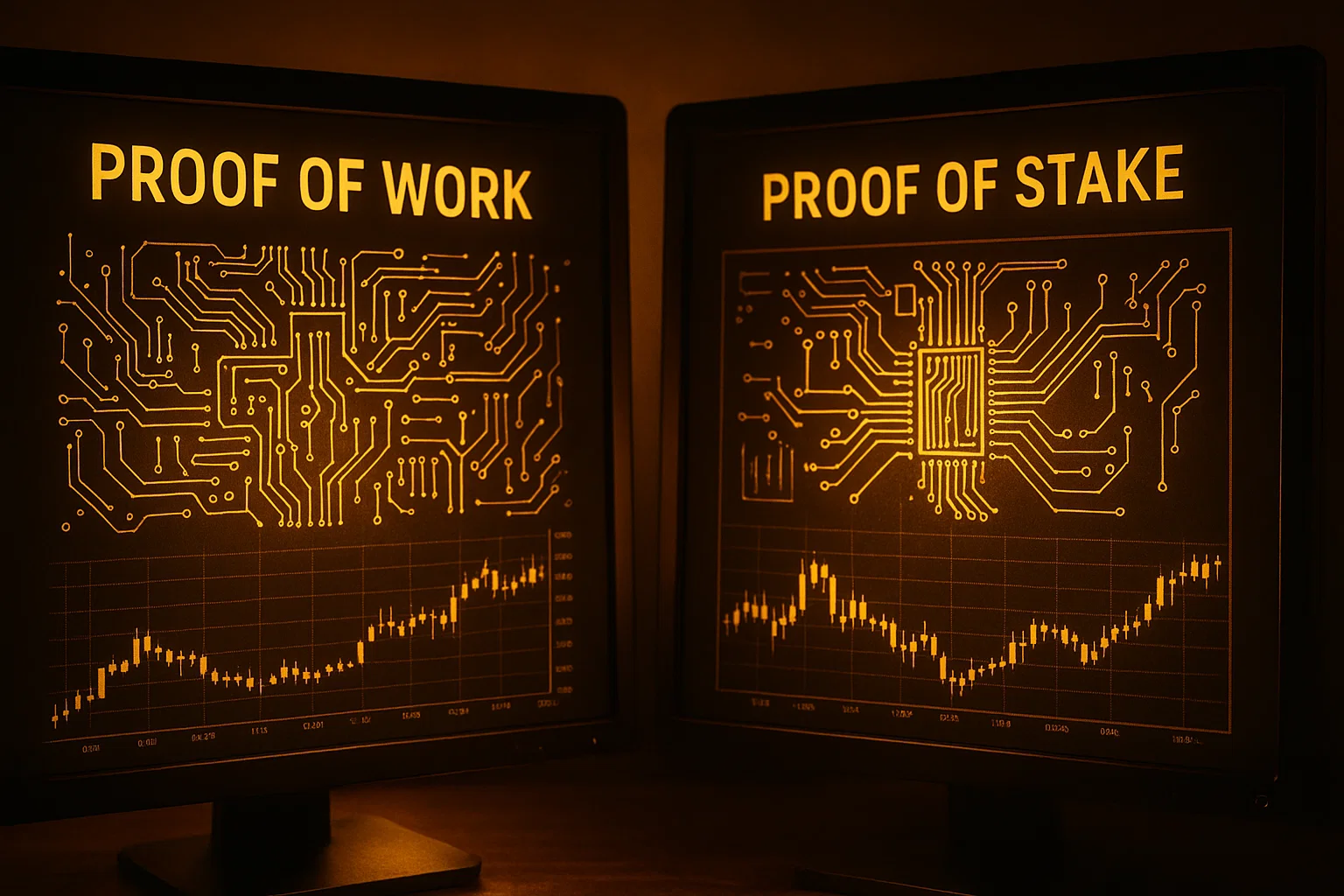 Visual comparison of Proof of Work and Proof of Stake concepts on glowing digital screens under warm, golden lighting.