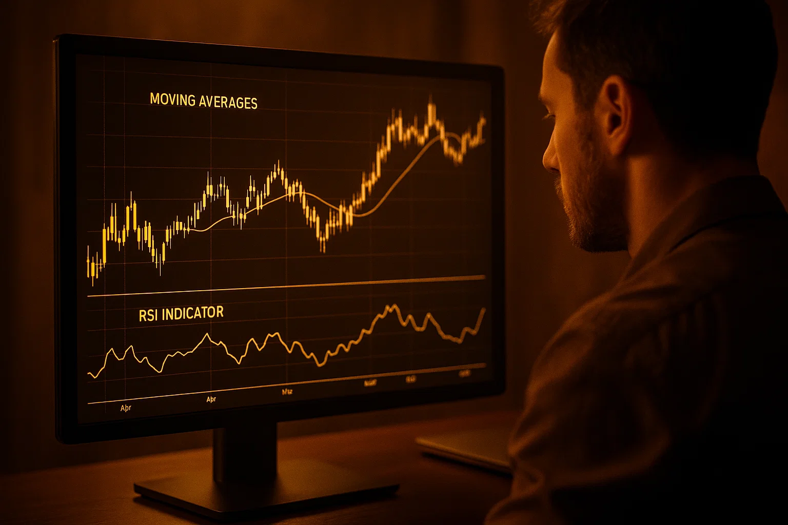 A cinematic image of a trading screen showing multiple Tools and Indicators, including two Moving Averages and an RSI oscillator, glowing in golden light.
