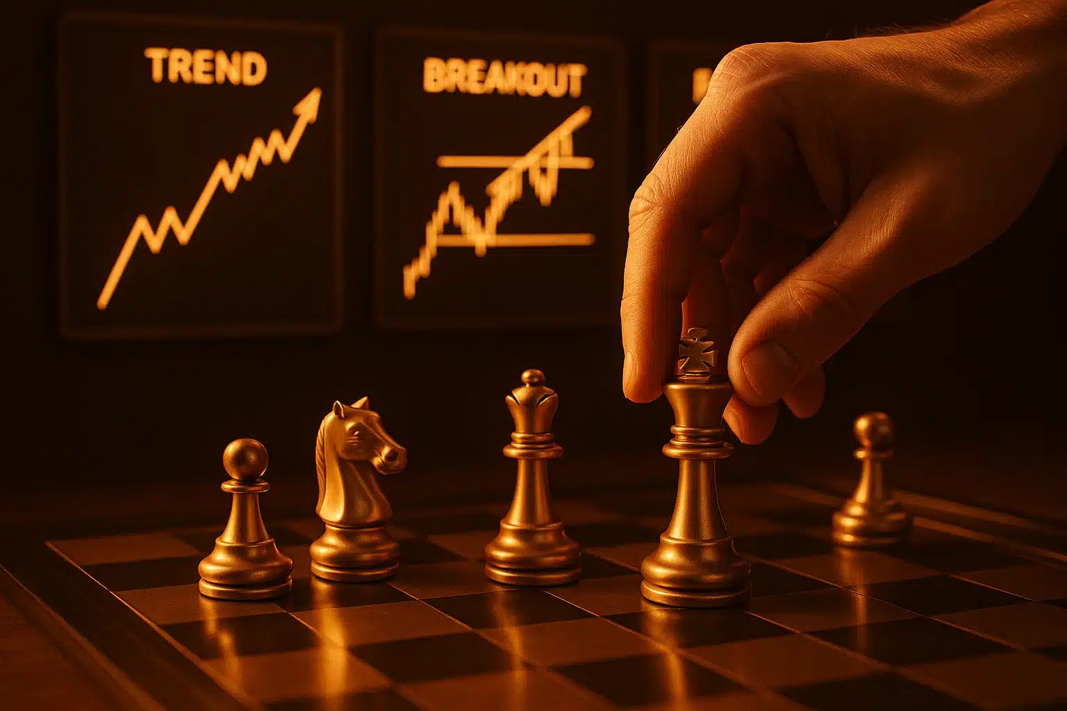 Hand moving chess pieces near screens showing TREND, BREAKOUT, and RANGE patterns, symbolizing trading strategies.