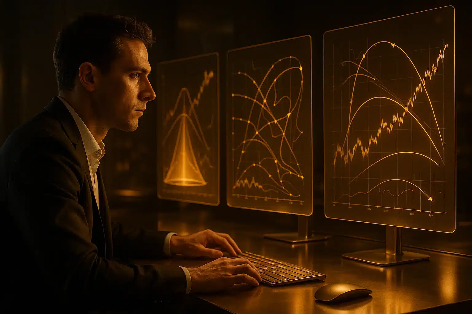 Trading strategies weak currency environments shown with trader at golden screens.