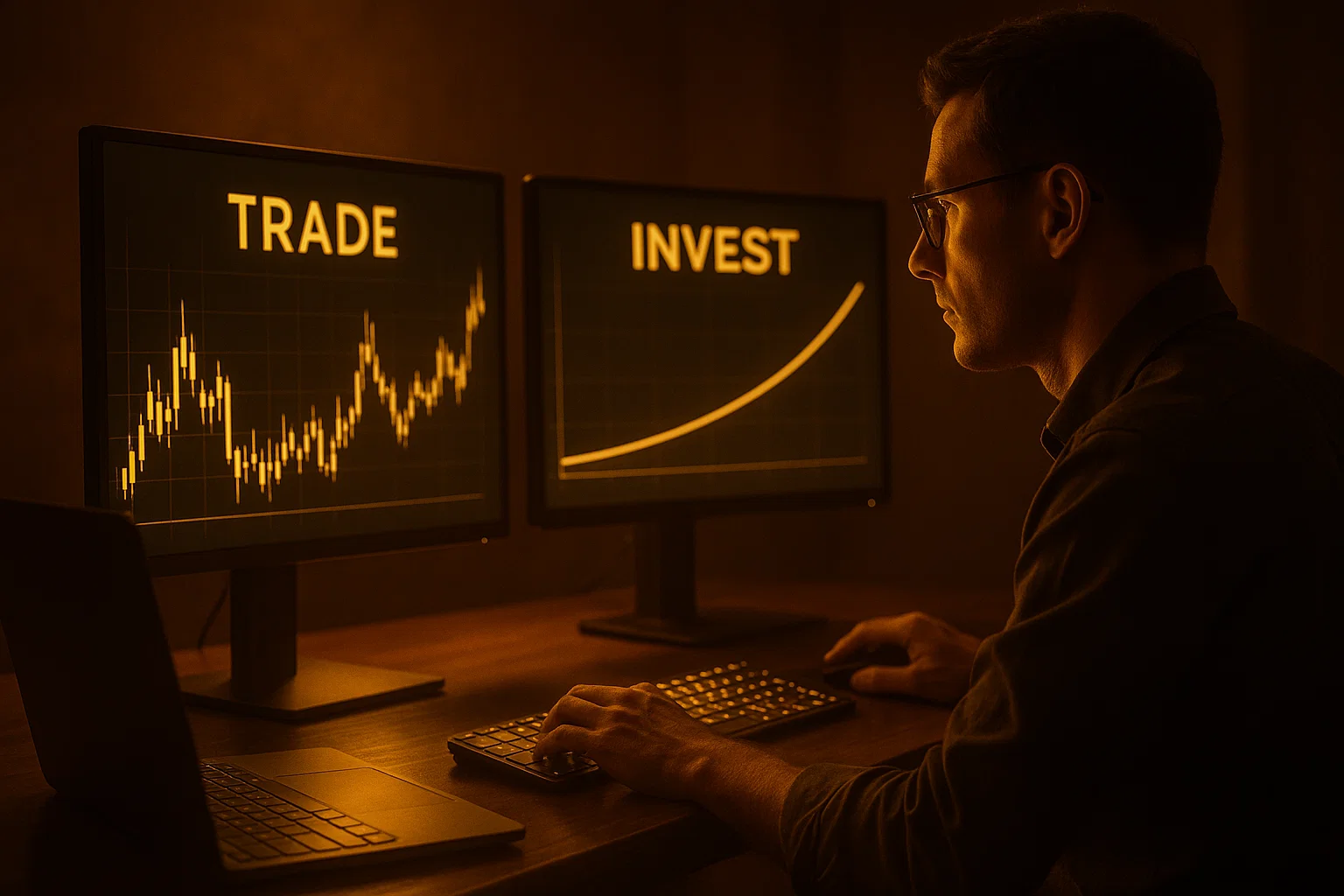 Two distinct golden-lit screens side-by-side: one showing rapid, volatile charts labeled TRADE and the other a steady upward curve labeled INVEST.