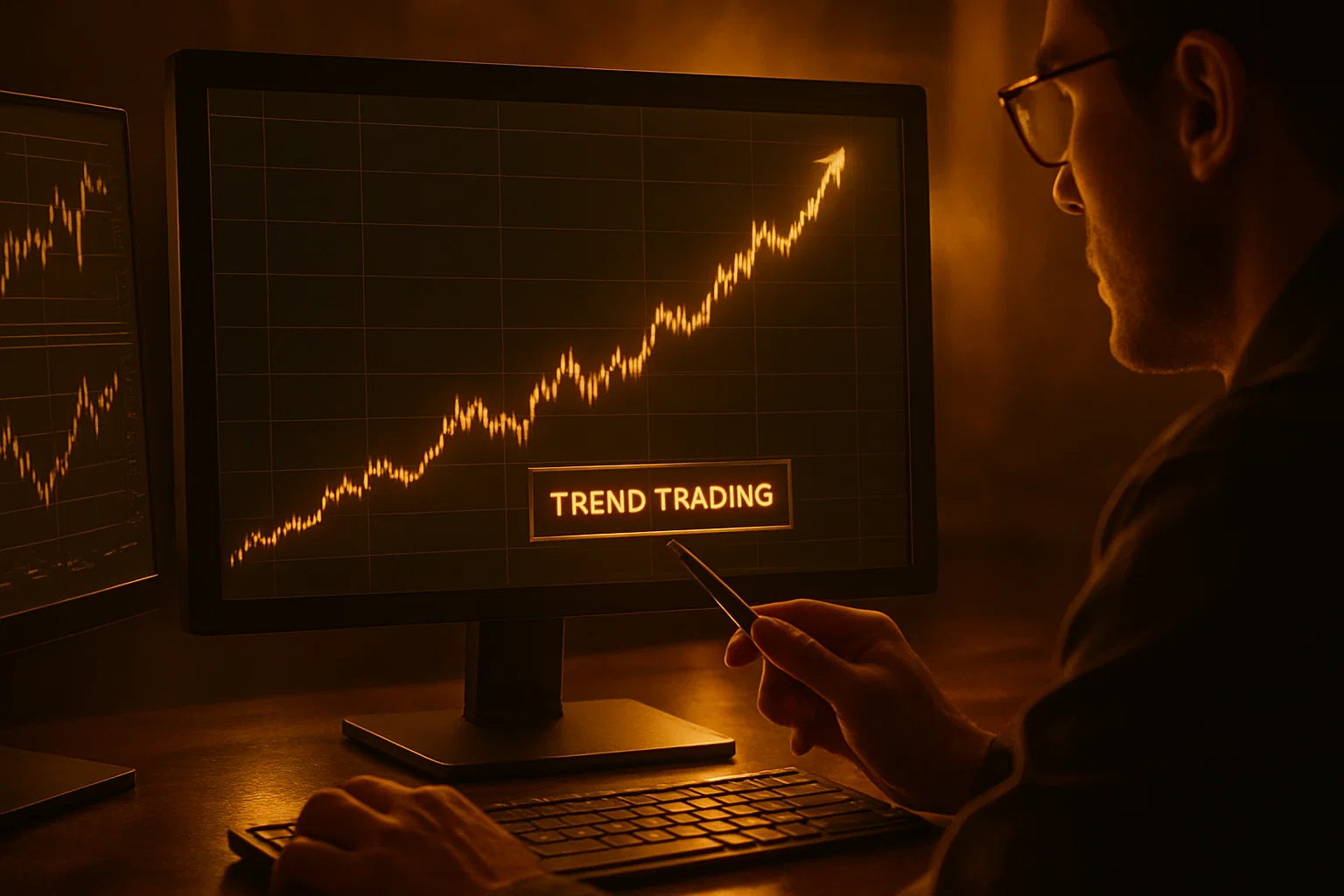 A close-up, golden-lit monitor displaying a chart with a clear upward trend line and an arrow, illustrating the concept of Trend Trading Explained.