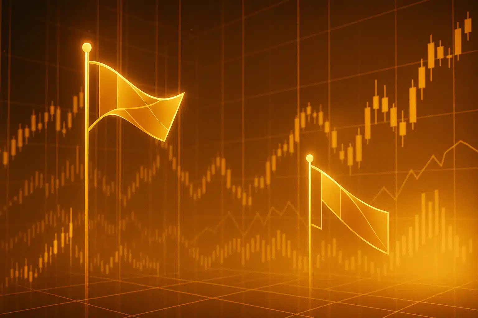 Types of flag patterns chart with golden bull and bear flags.