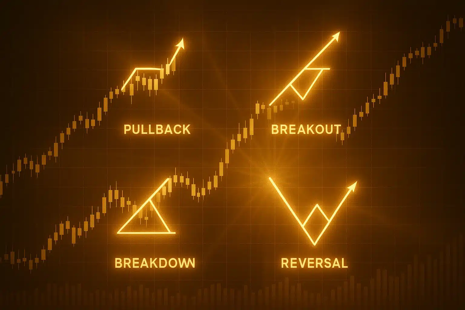 Swing trading setup types including pullback breakout breakdown reversal.
