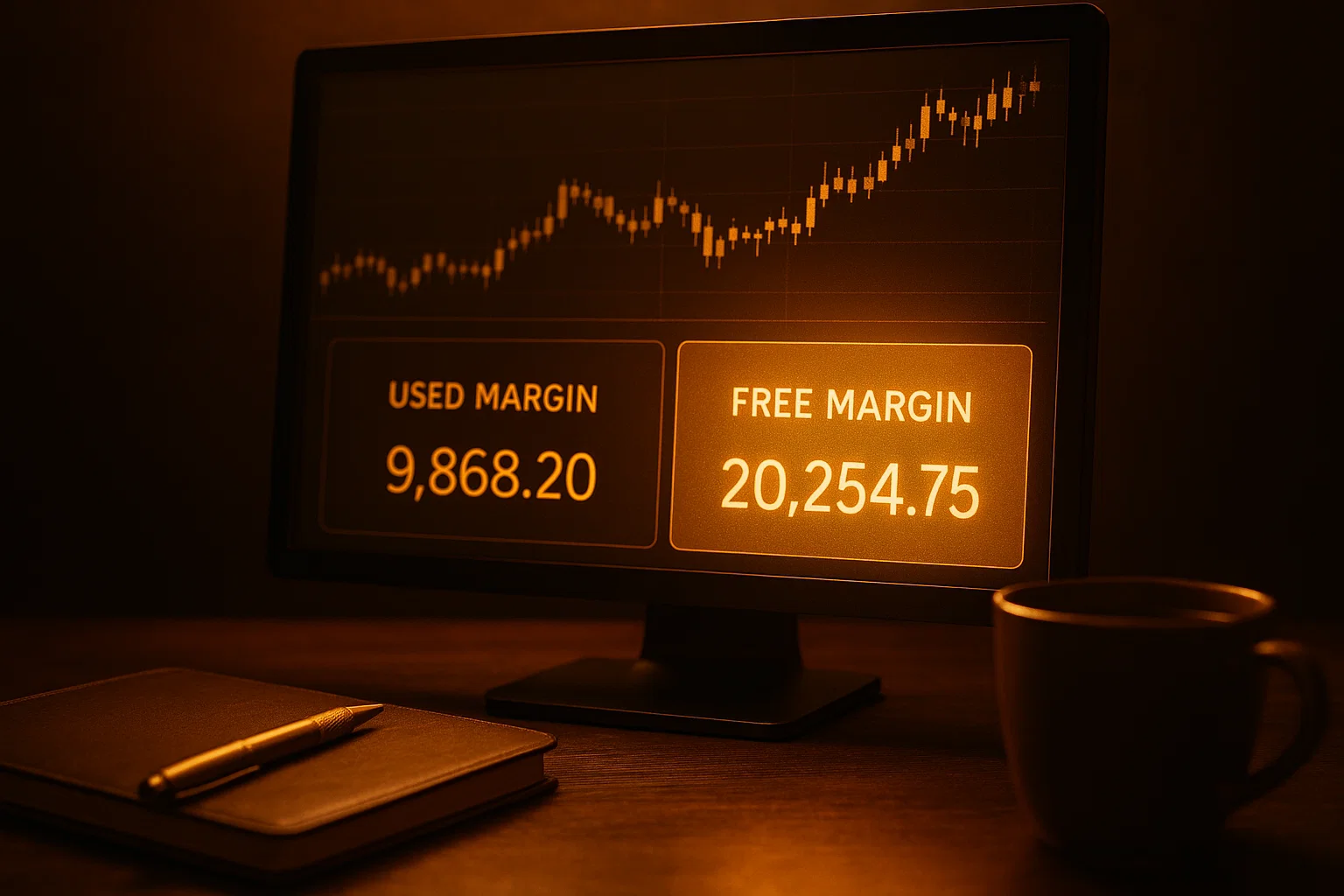 Digital interface on a monitor showing two distinct glowing sections labeled 'USED MARGIN' and 'FREE MARGIN' in a golden palette.