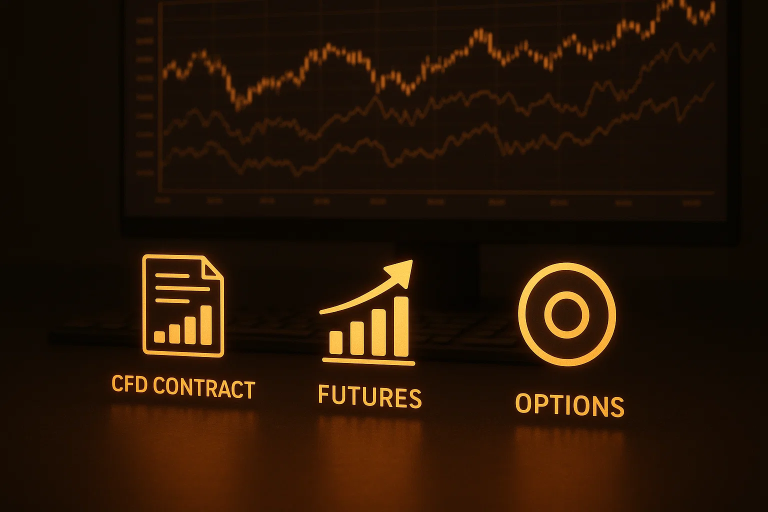 A hyper-realistic image showcasing the different ways index trading is done, represented by glowing golden icons for CFD, Futures, and Options.