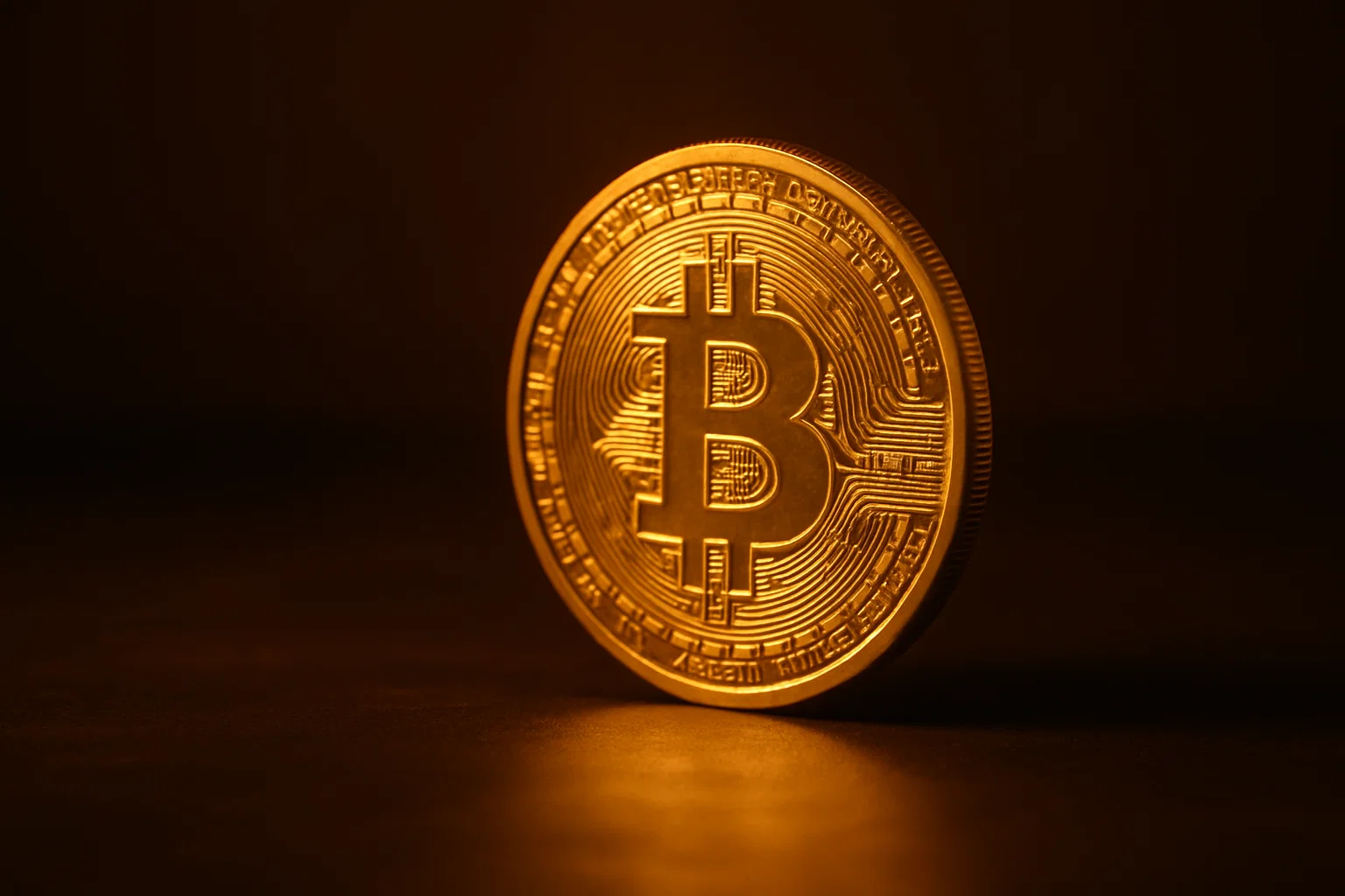Hyper-realistic image of a single, large golden Bitcoin coin resting on a dark surface, illuminated by a warm amber light.