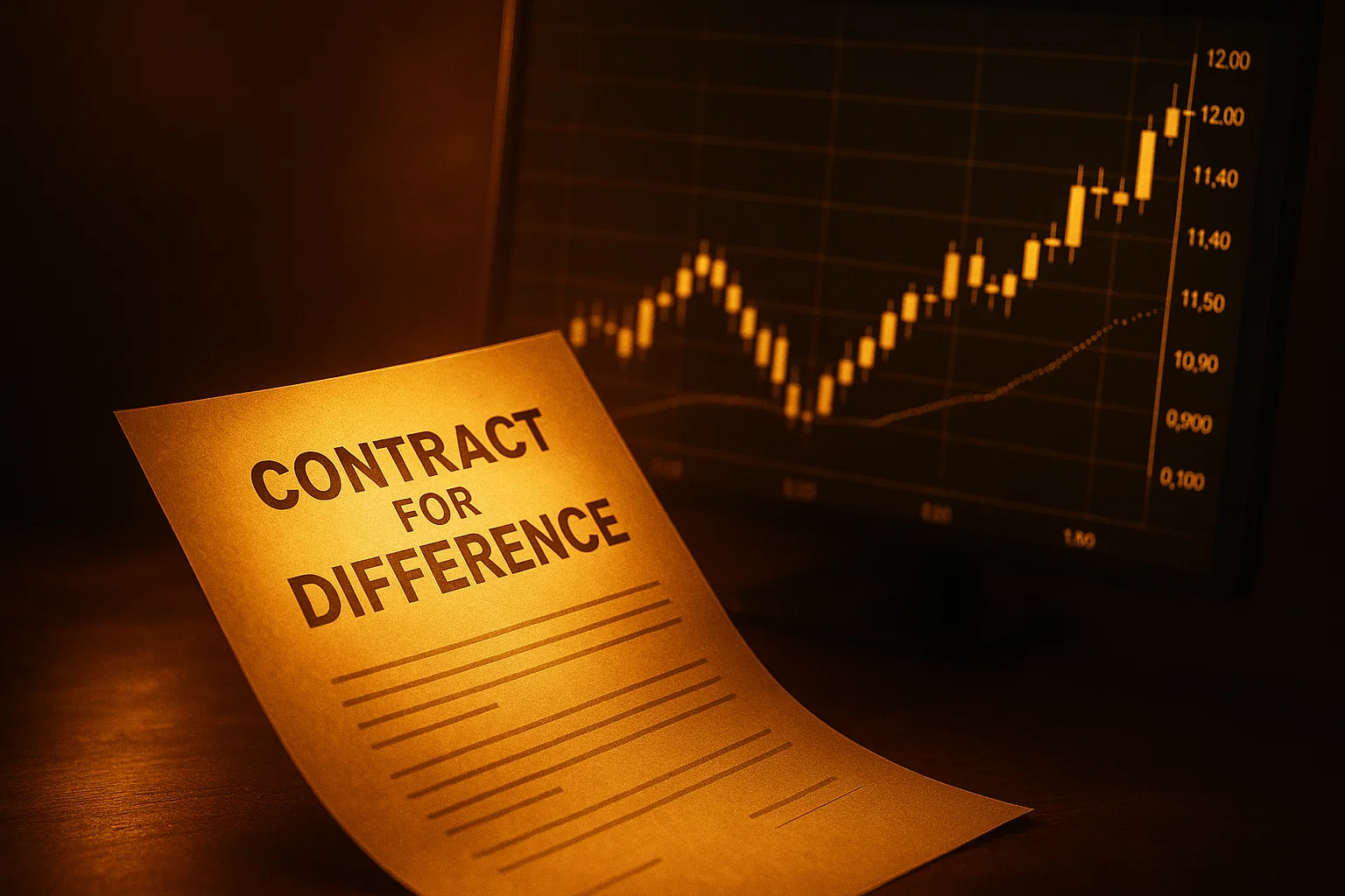 A stylized contract document overlaid on a glowing financial chart, representing the core concept of CFD trading.