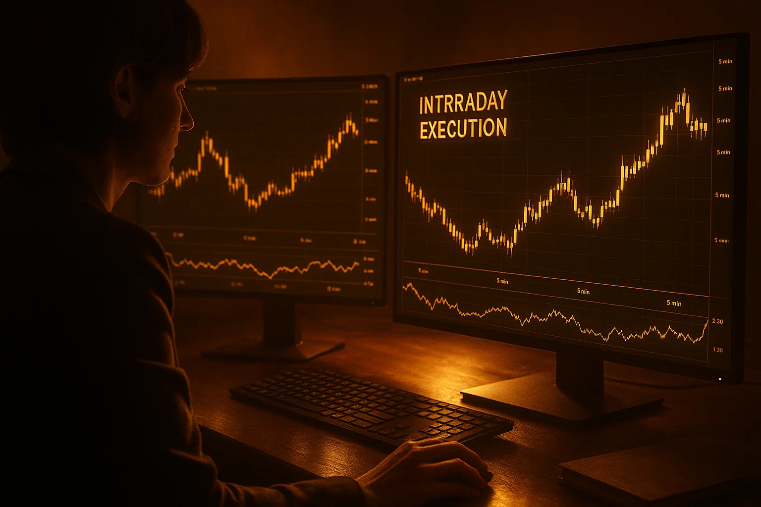 Trader intensely focused on multiple screens displaying fast, short-term charts, symbolizing the nature of day trading.