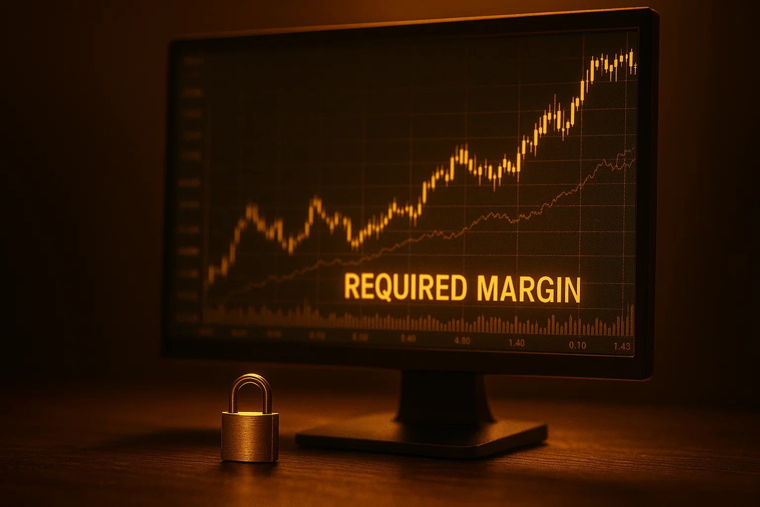 Cinematic image of a golden padlock next to a financial monitor displaying 'REQUIRED MARGIN', illustrating the Forex collateral concept.