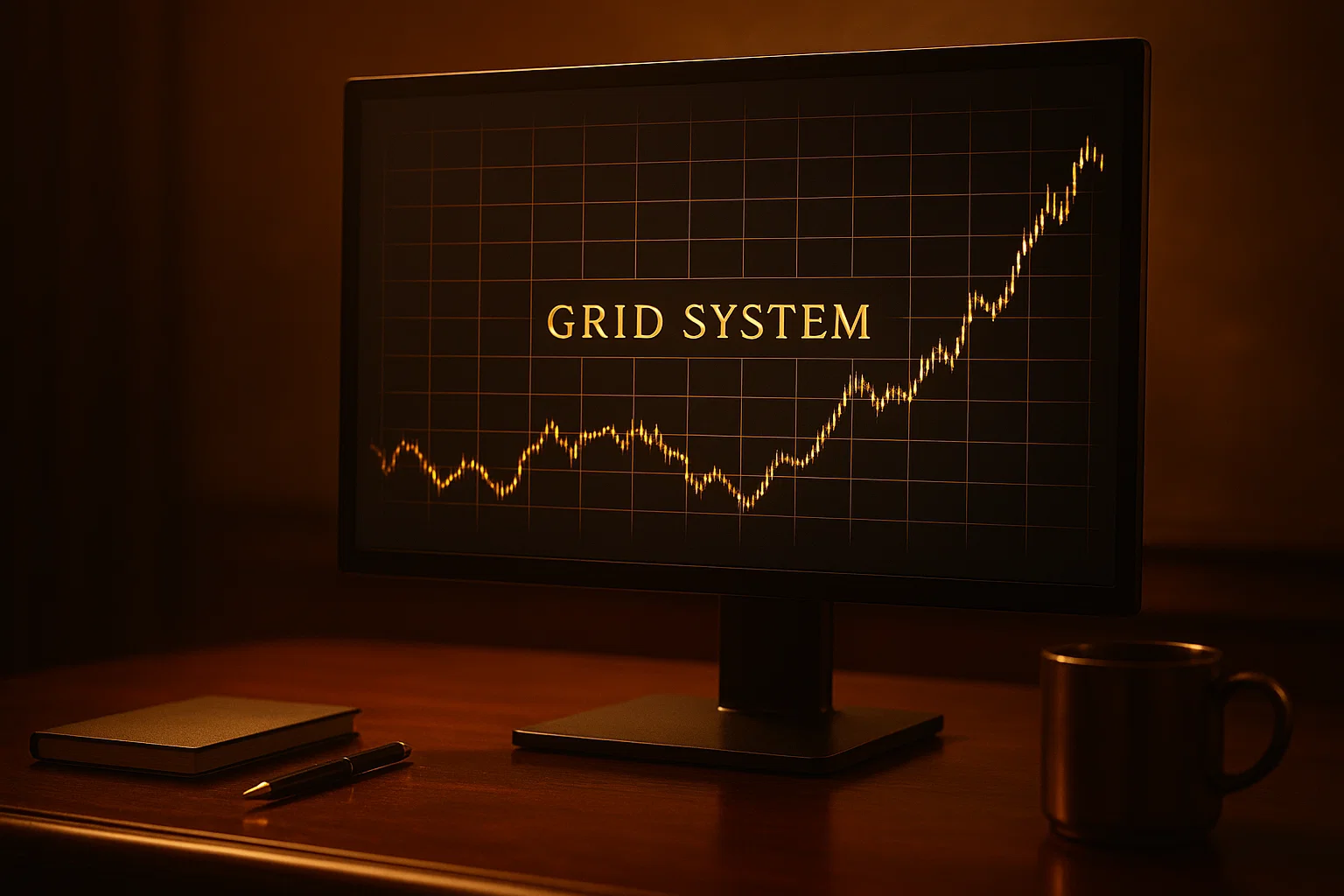 Computer monitor displaying a visual representation of a grid trading system with price lines in a golden office.