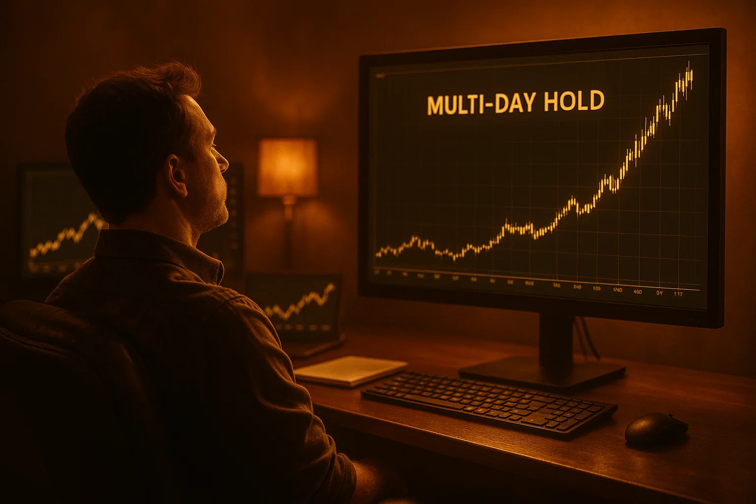 Trader calmly viewing a single monitor with a daily chart showing a clear upward swing, illustrating swing trading.