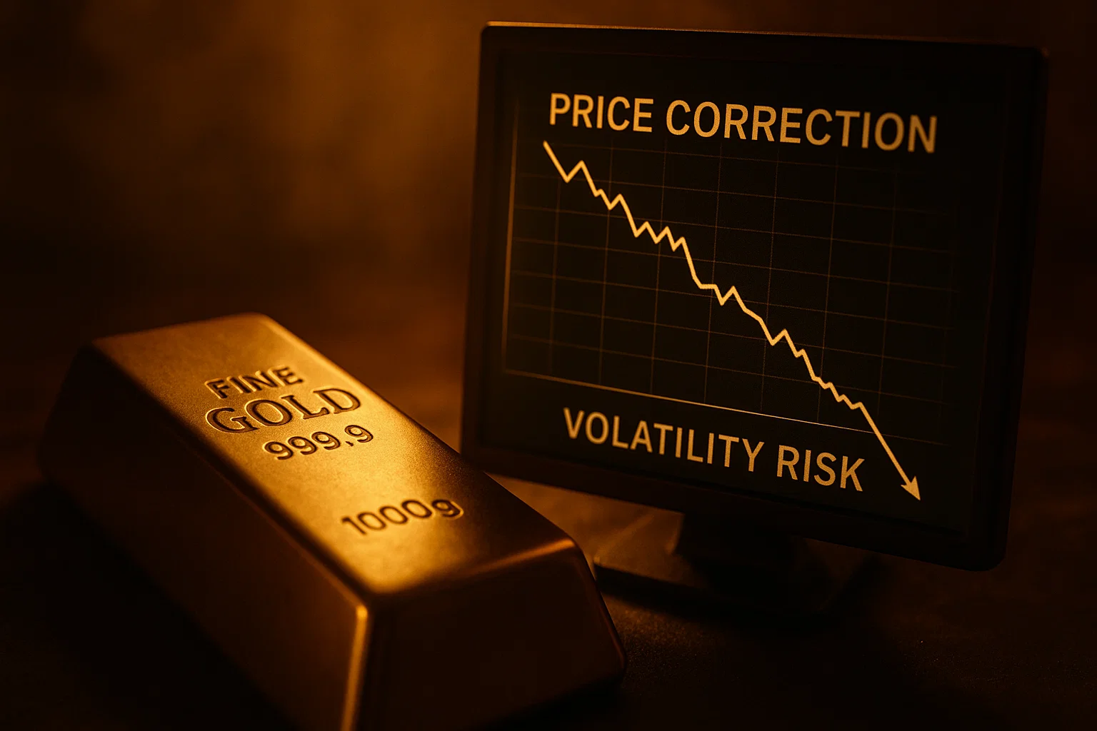 Gold bar with a dark shadow and a monitor showing a sharp, downward trend chart labeled "PRICE CORRECTION".