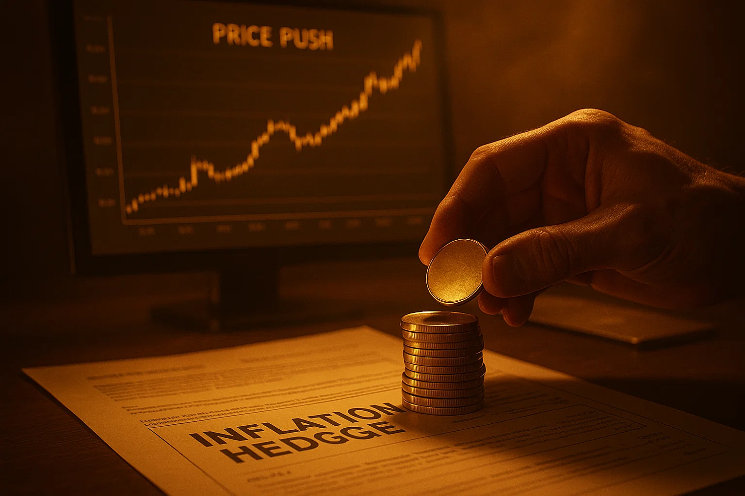 Hand placing a gold coin on documents labeled "INFLATION HEDGE" with a monitor showing an upward price trend.