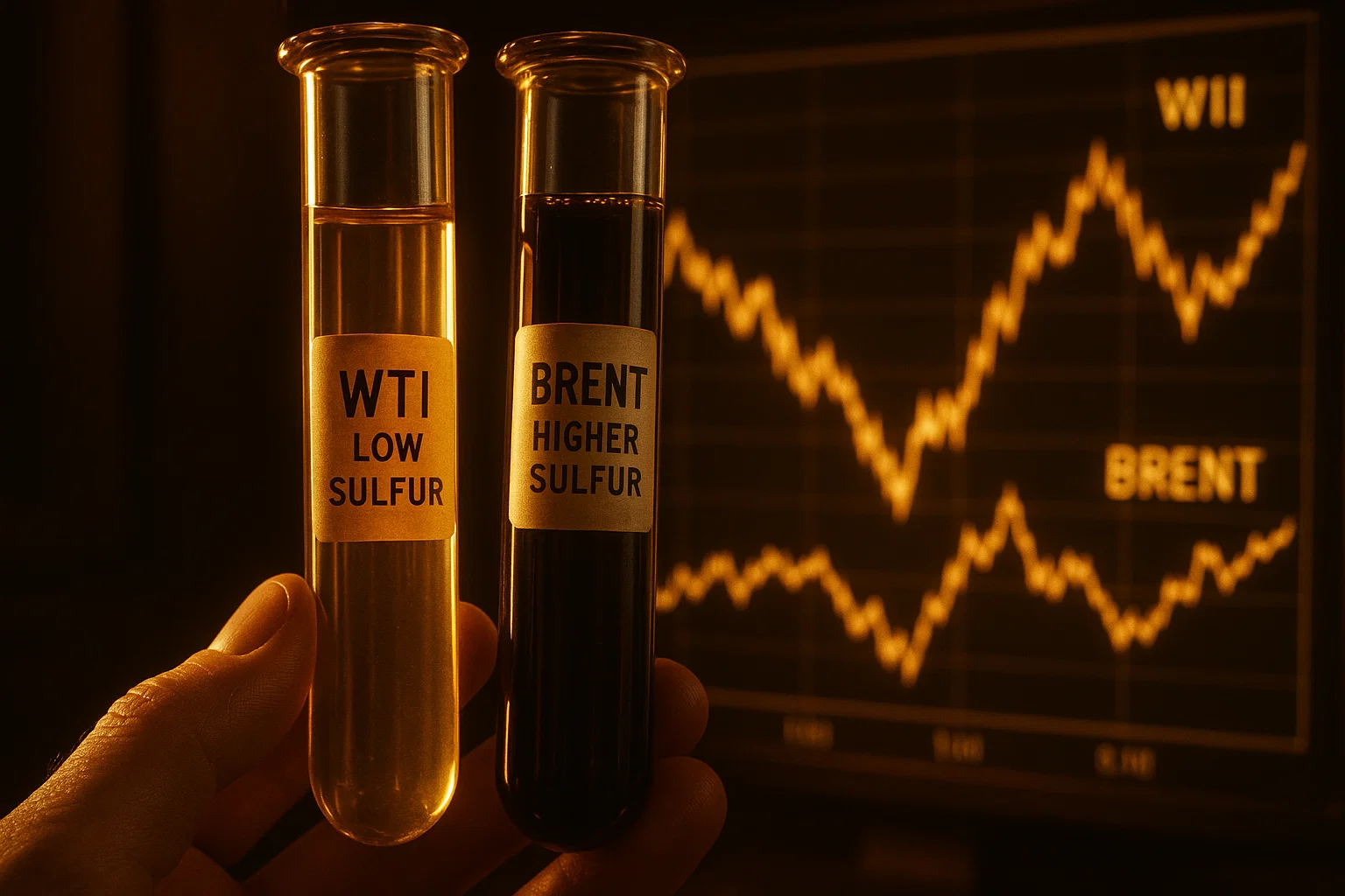 Close-up comparison of WTI and Brent oil samples in test tubes, demonstrating their key differences in quality and composition.