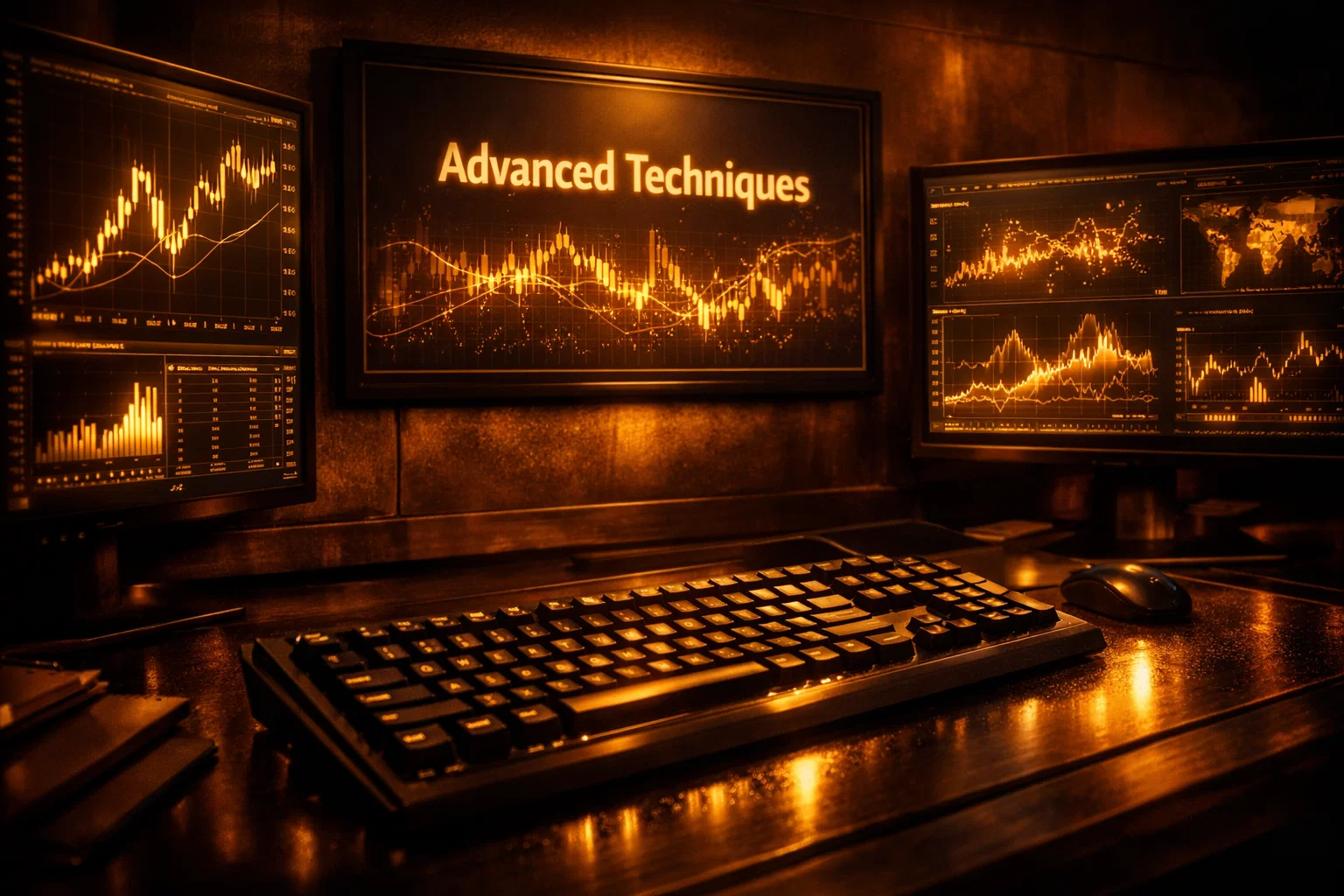 Multiple professional monitors glowing with golden amber light, showing advanced forex techniques and data.