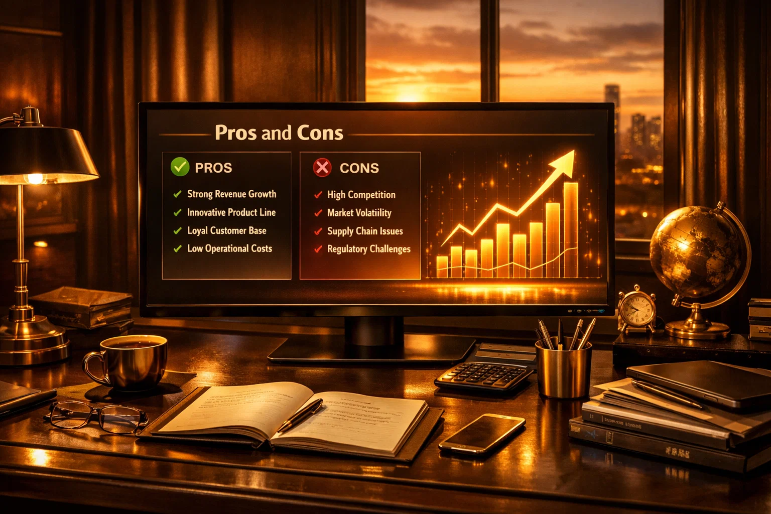 A professional trading dashboard showing the pros and cons of chart pattern analysis in golden light.