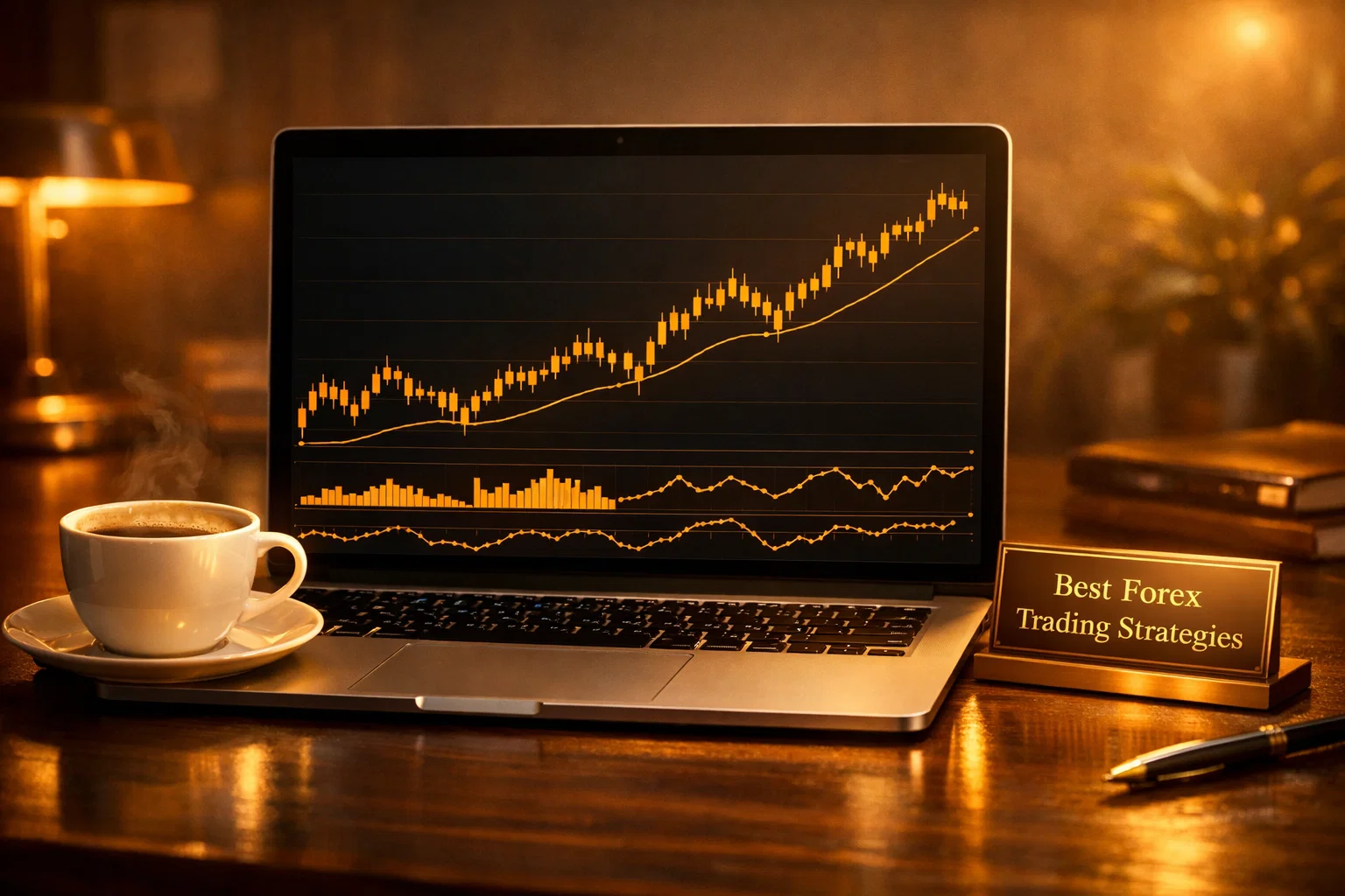 A professional trading desk with golden charts showing forex strategies and techniques for beginner traders.