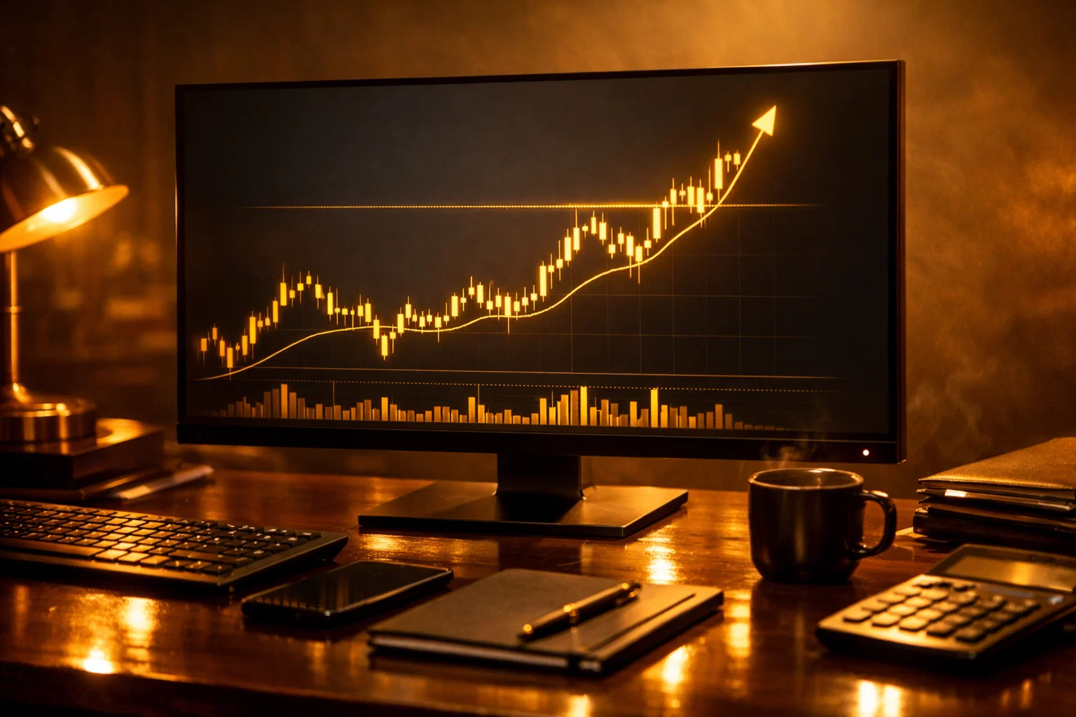 A glowing golden trading chart on a dark monitor illustrating the core fundamentals of market breakouts.
