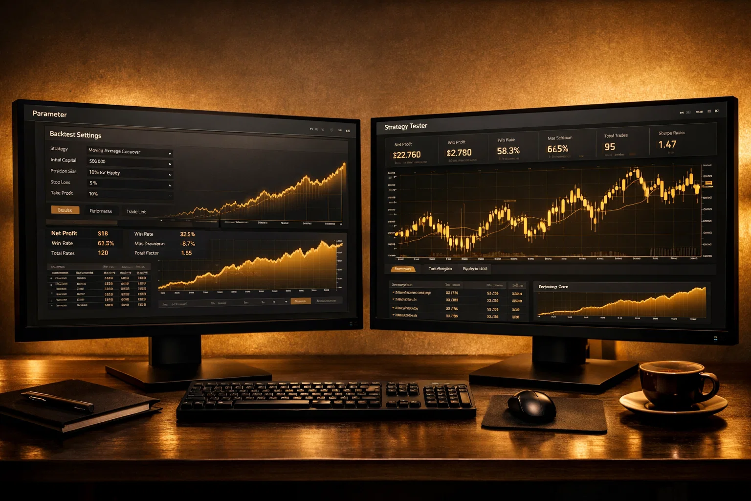 Professional monitors comparing different software tools for running a gold backtest.