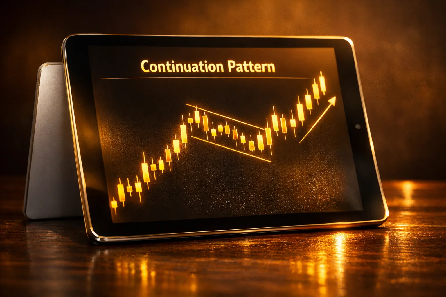Detailed view of golden continuation patterns on a digital screen with warm amber lighting.