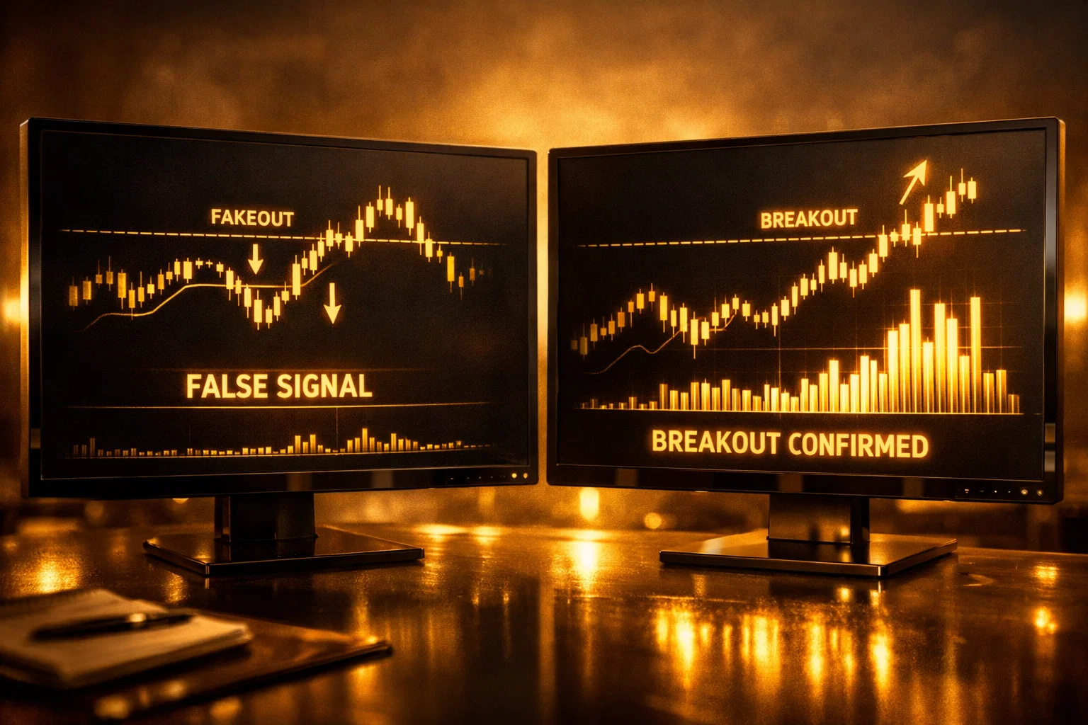 Advanced technical analysis tools on glowing gold screens used to filter false signals and confirm market breakouts.