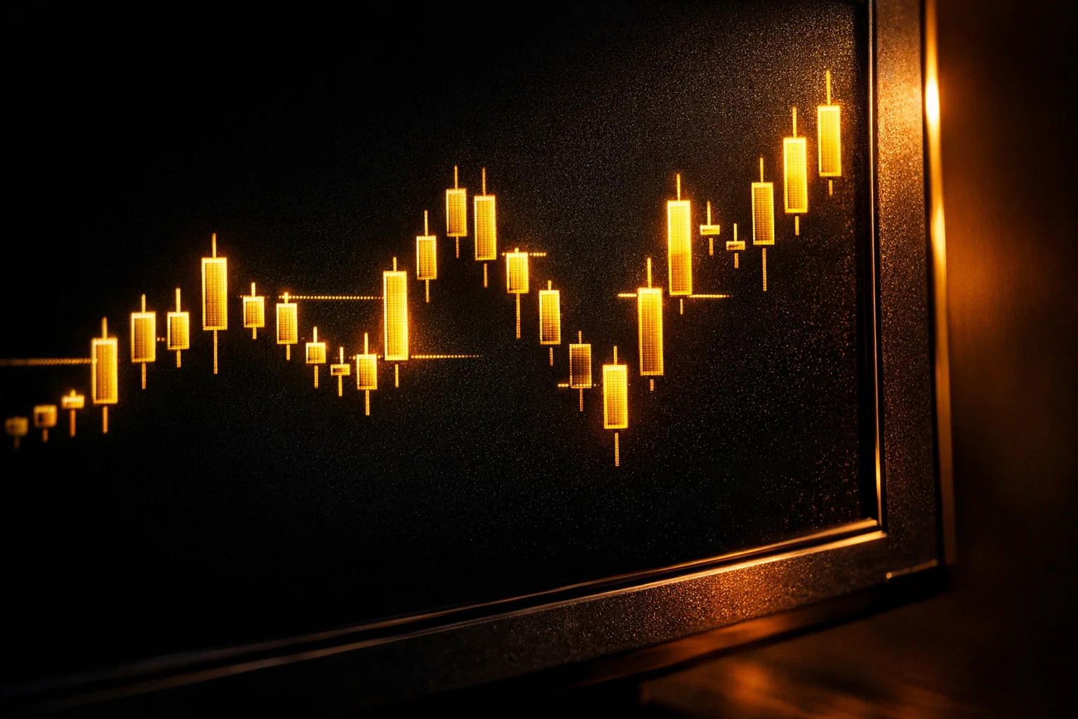 Detailed golden candlestick patterns and price gaps on a dark professional trading monitor.
