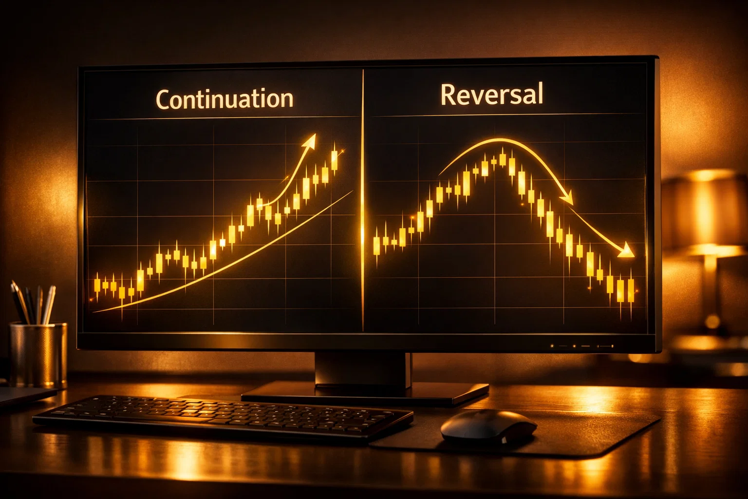 Comparison chart of continuation versus reversal patterns in a premium amber light setting.