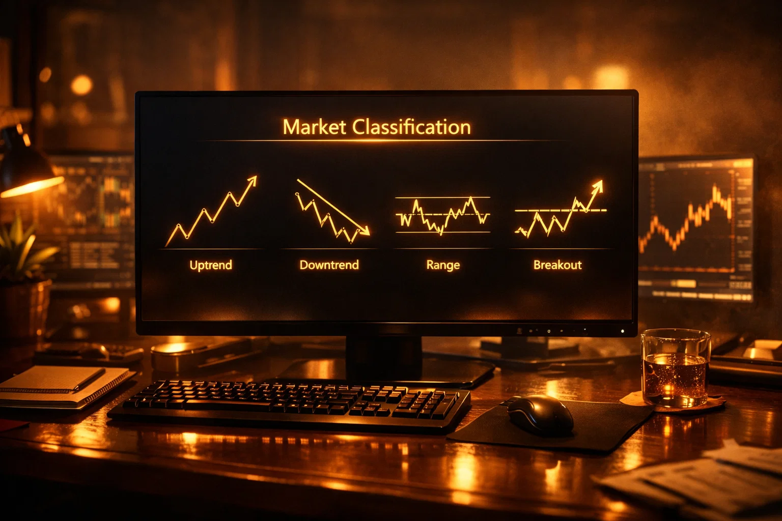 Golden trading monitor displaying market classification charts in a warm amber lit room.