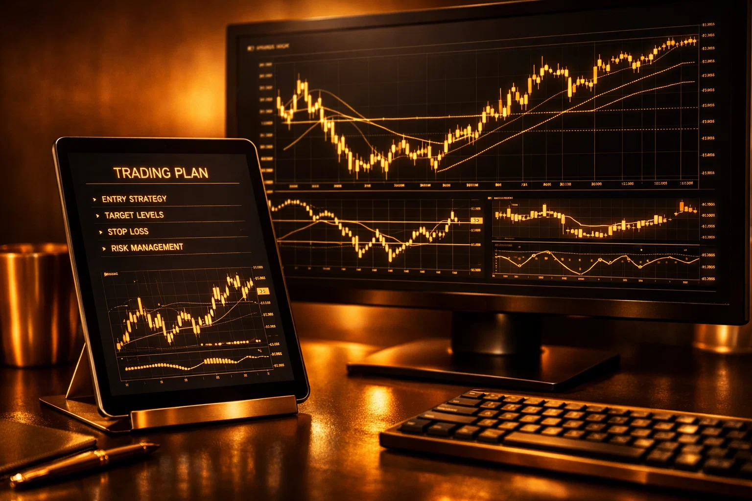 A close-up of a trading plan on a digital screen with glowing golden text and amber lighting.