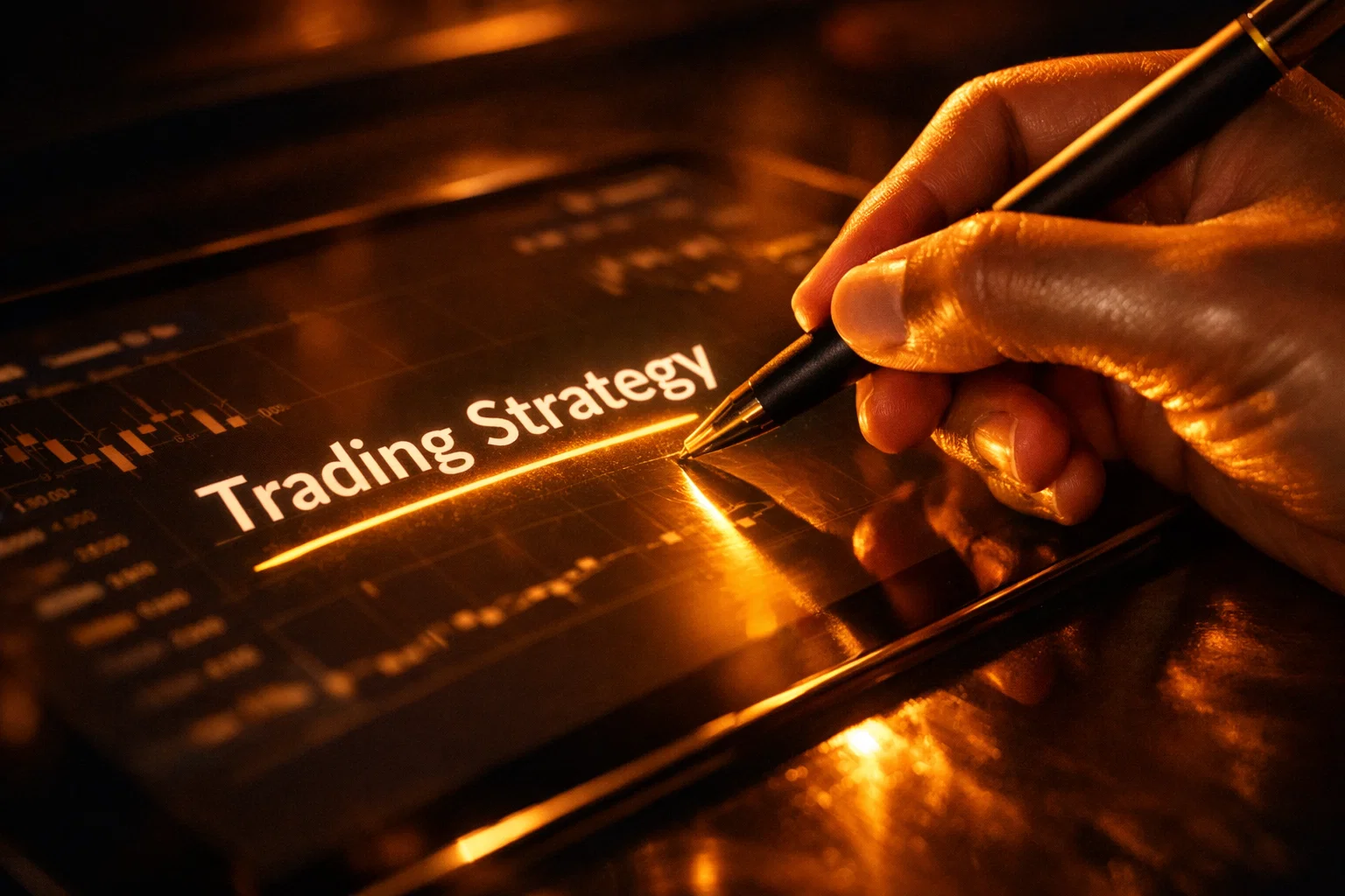 A hand outlining a trading strategy blueprint on a glowing digital tablet.