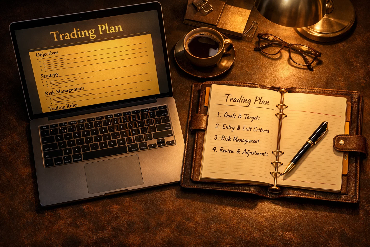 An organized desk with a golden glowing trading plan on a laptop screen and a leather planner.