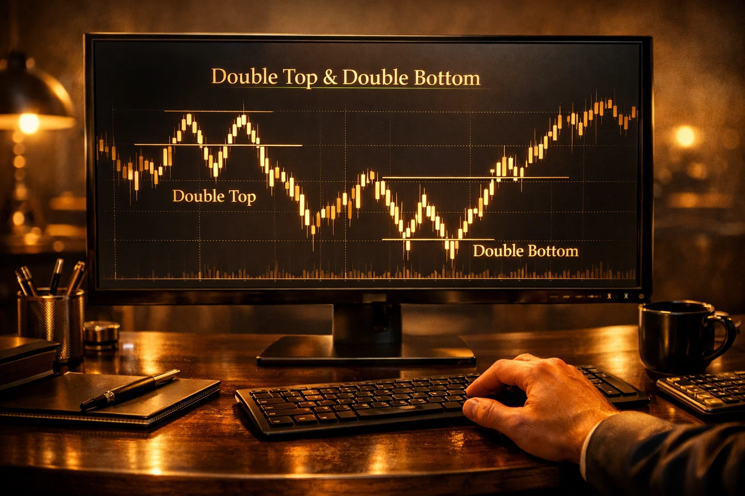 Double Top and Double Bottom trading strategies shown on a glowing golden financial chart in a premium office.
