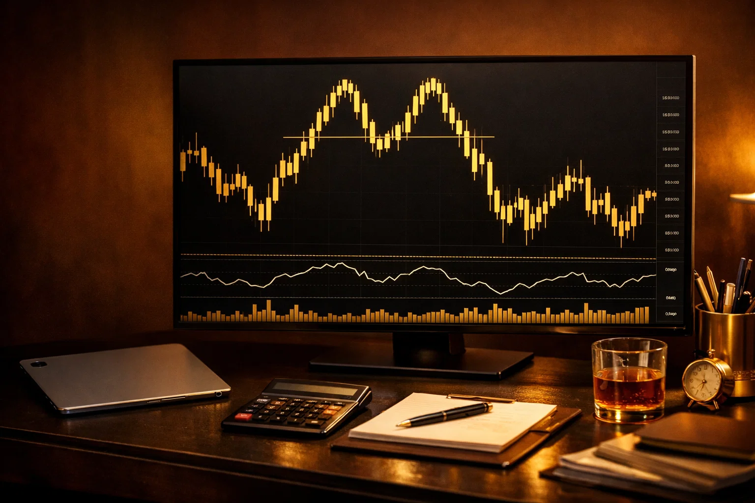 Real-world trading example of a double top pattern shown on a professional golden-themed financial display.