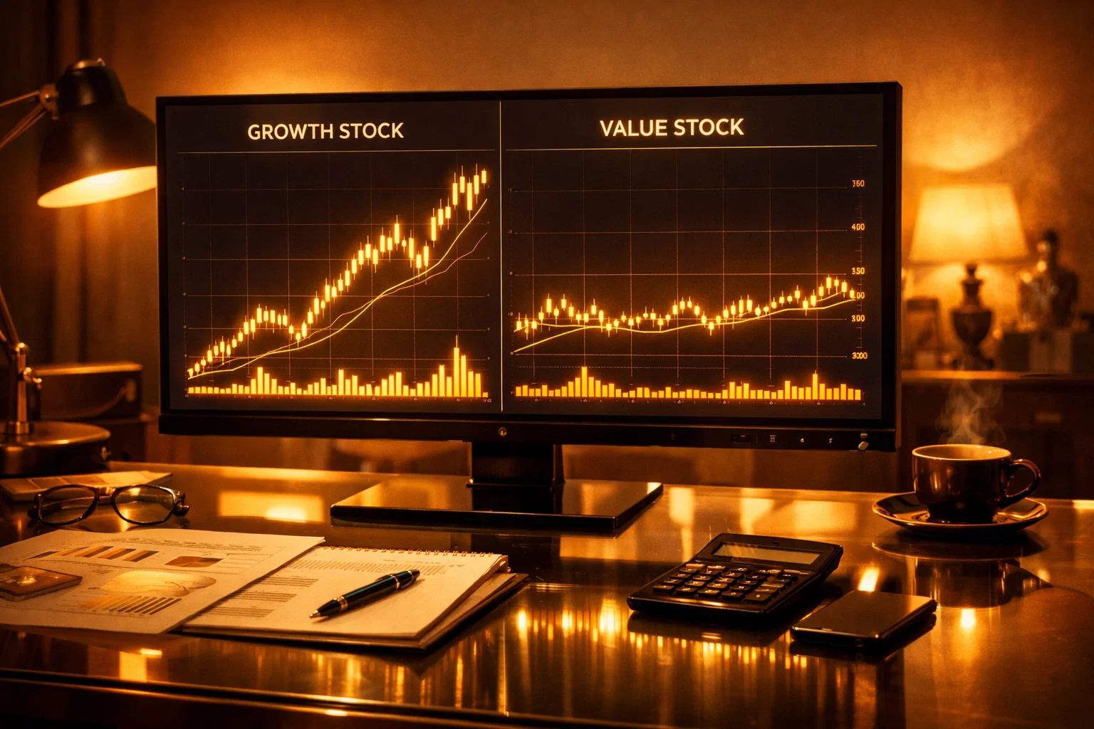Golden glowing charts demonstrating different stop-loss scenarios for growth and value stocks.