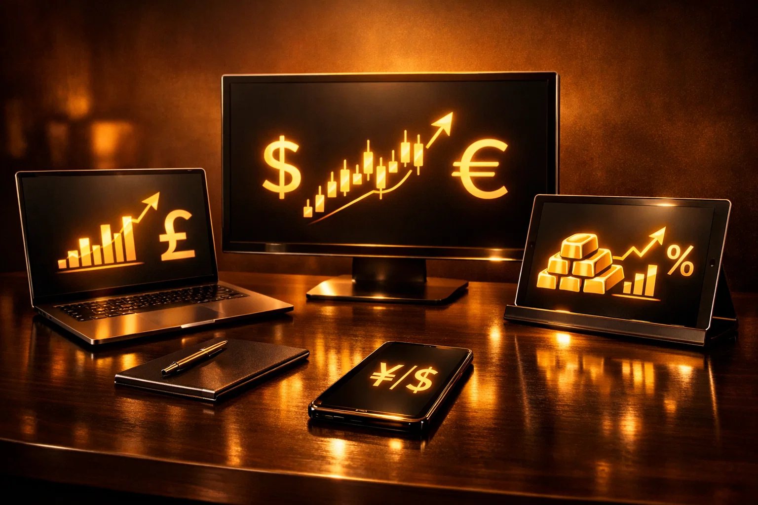 Multiple monitors displaying various financial assets in a premium amber and gold aesthetic.