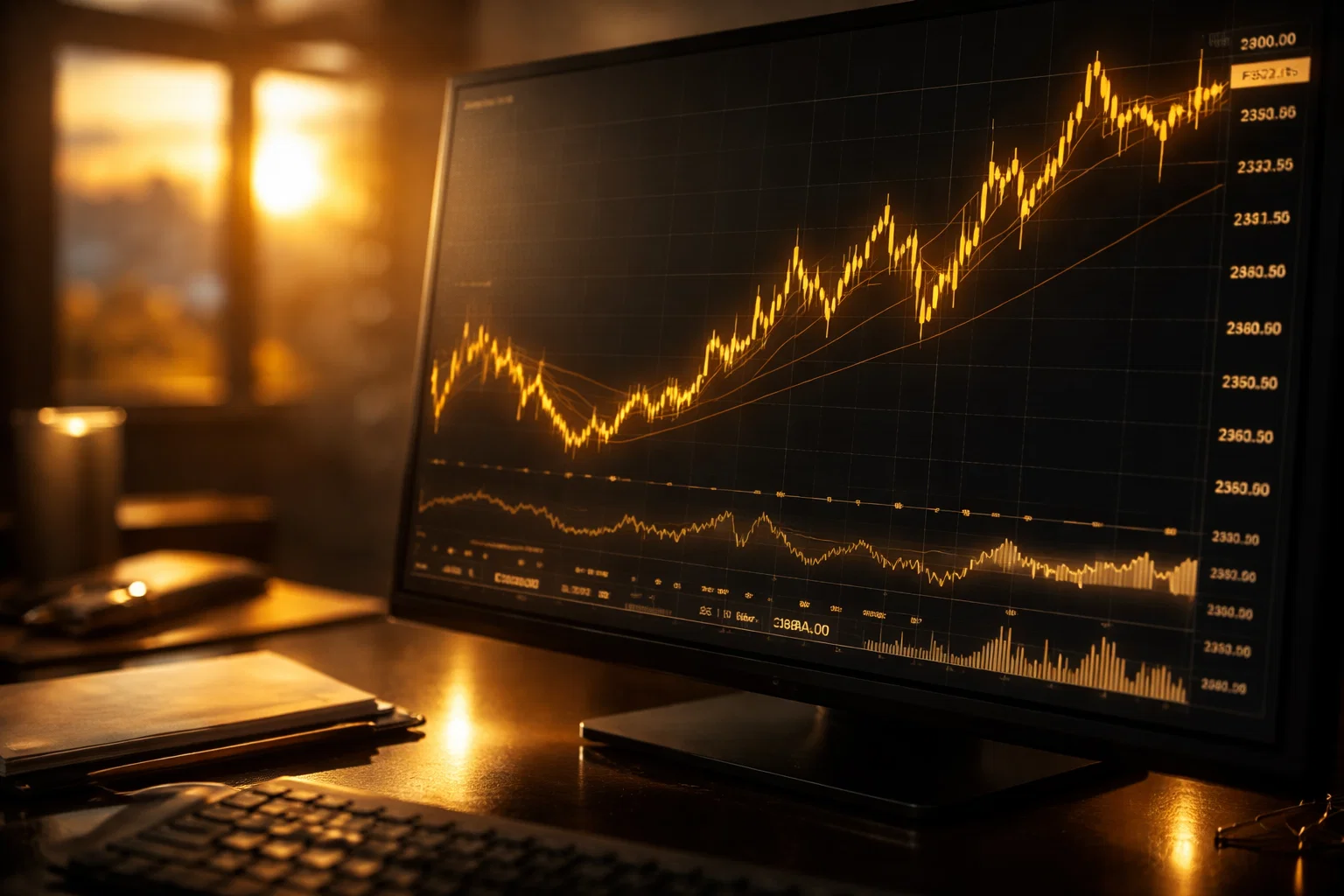 Volatile golden price action charts on a dark screen representing the live gold market.
