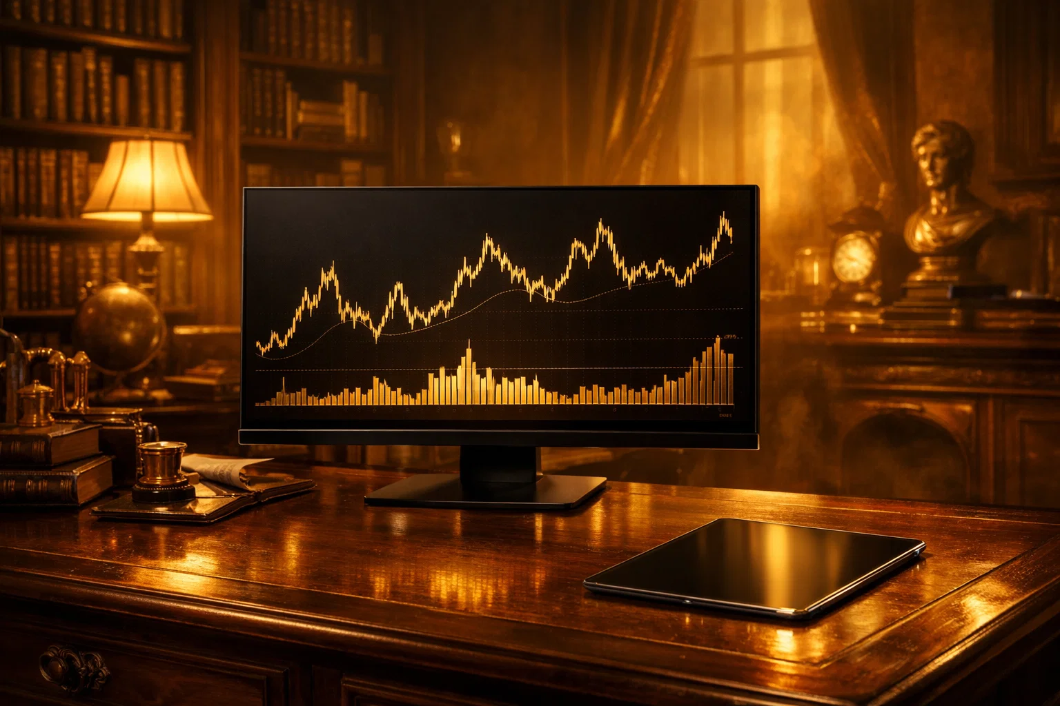 A cinematic view of a modern monitor in a classic setting with golden light and historical market data.