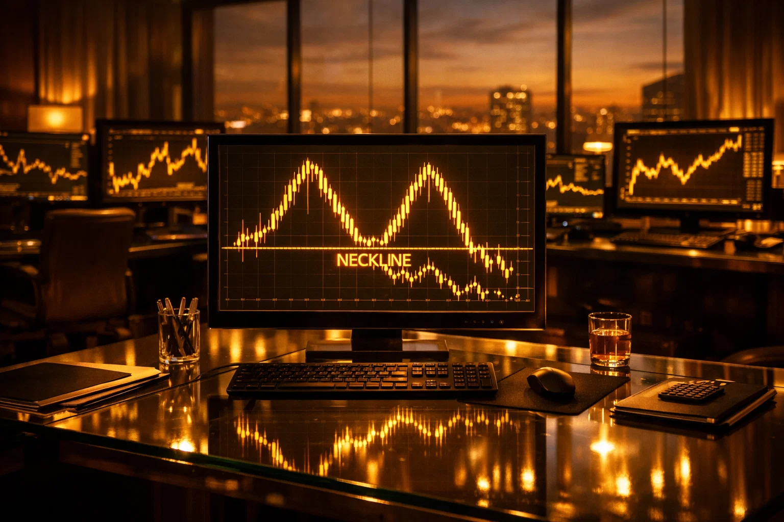 A financial analyst workspace with glowing golden charts used to identify double top trading patterns.