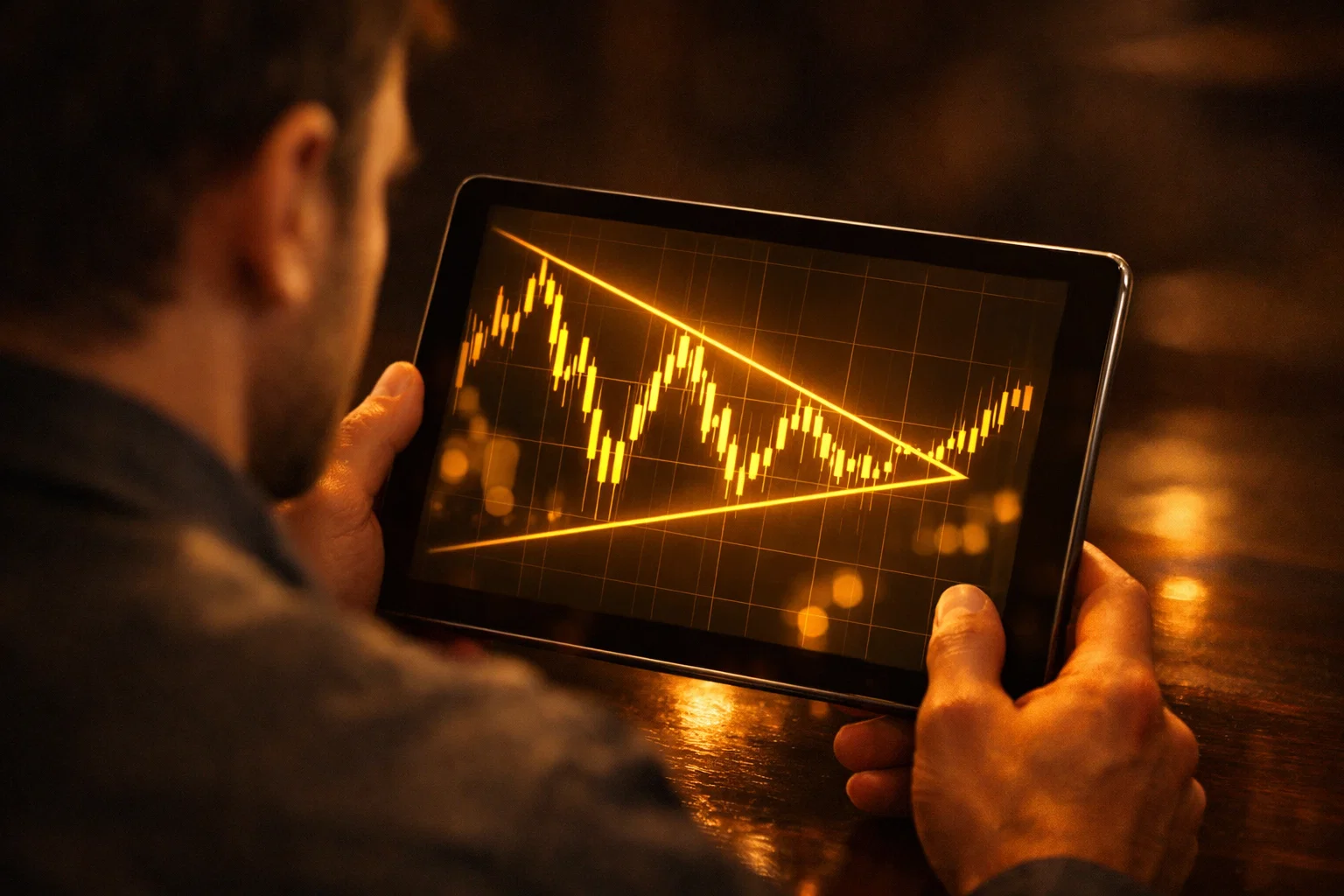 Over the shoulder view of a trader identifying a symmetrical triangle pattern on a glowing tablet screen.