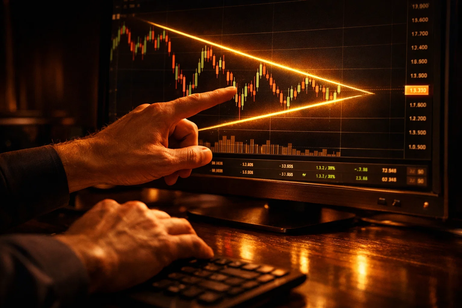 A trader identifying a narrowing price pattern on a live glowing golden market chart.