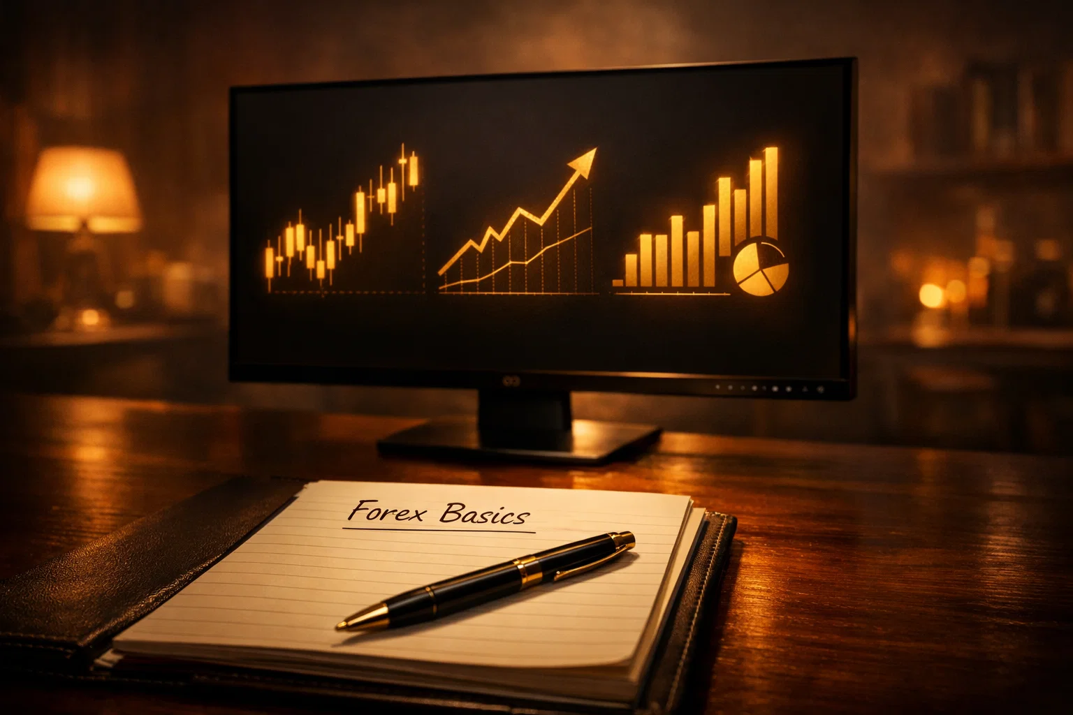 A workspace with a golden glowing chart on a dark monitor, representing basic forex strategy concepts.