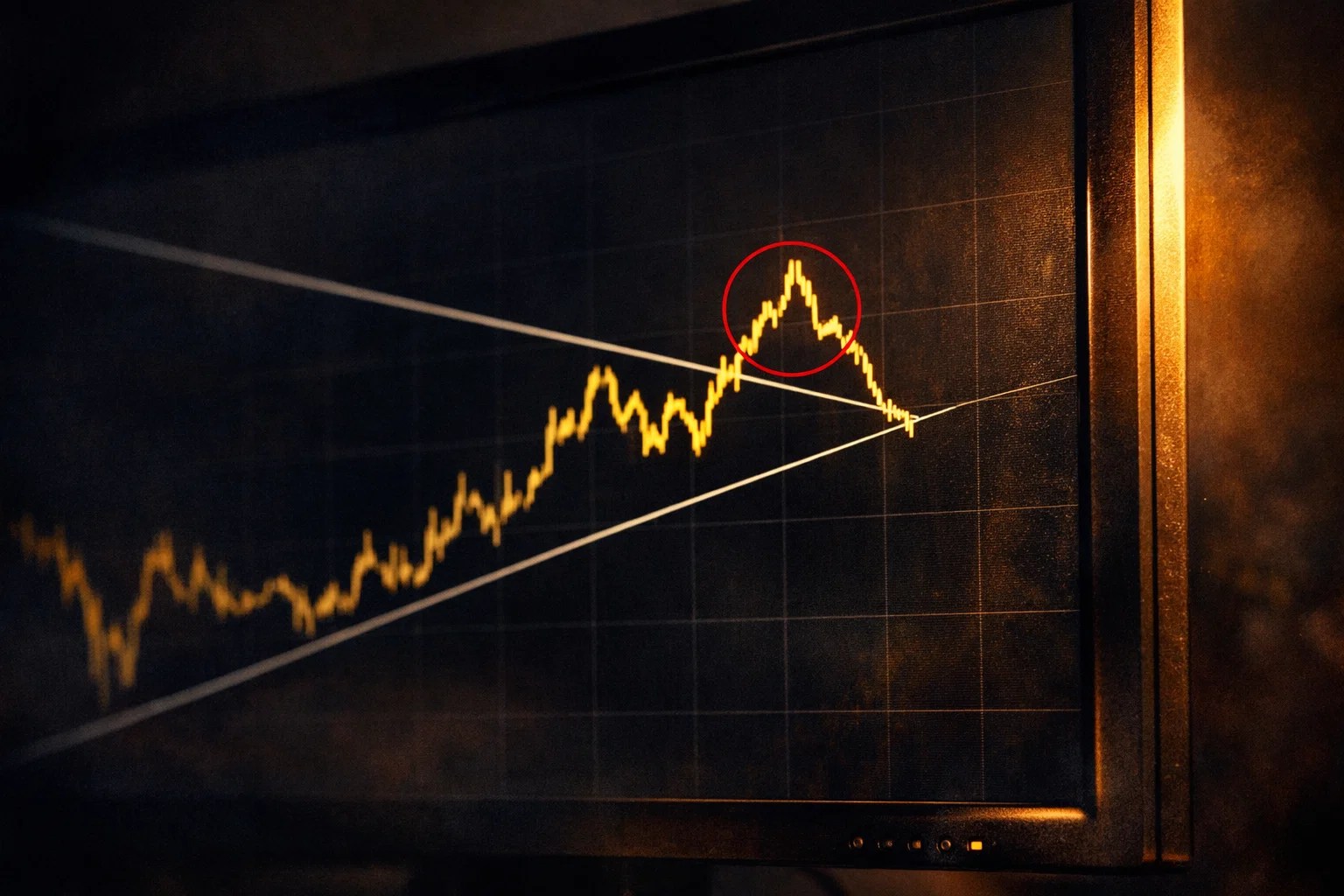 A glowing golden chart showing a false breakout reversal on a dark professional monitor.