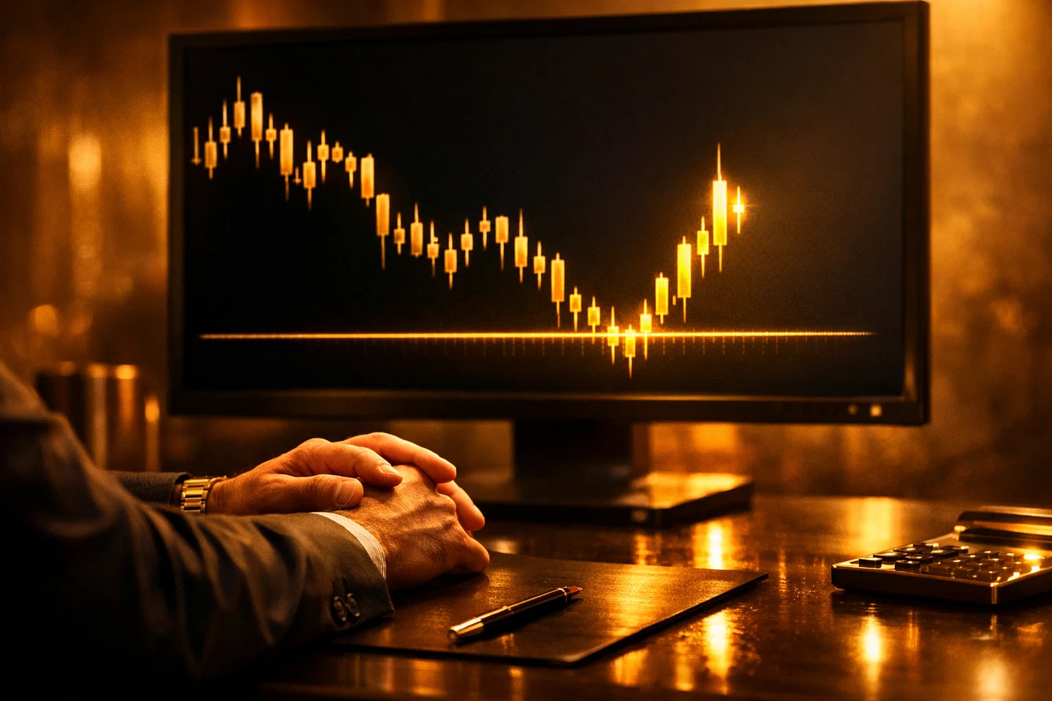 Cinematic trading scene with warm golden lighting representing market psychology and price reversal formation.