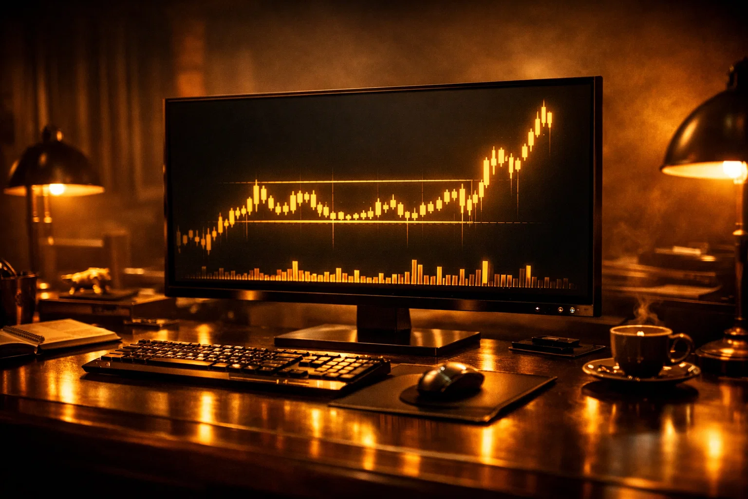 A cinematic trading desk with a glowing golden financial chart showing market consolidation mechanics.