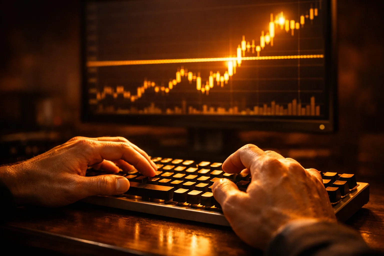 A trader preparing to enter a trade, illuminated by warm golden light reflecting from professional trading monitors.