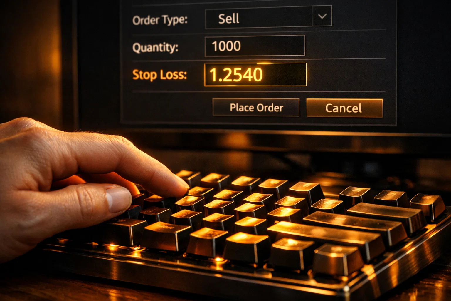 Hands setting a stop-loss level on a professional trading platform with warm golden lighting.