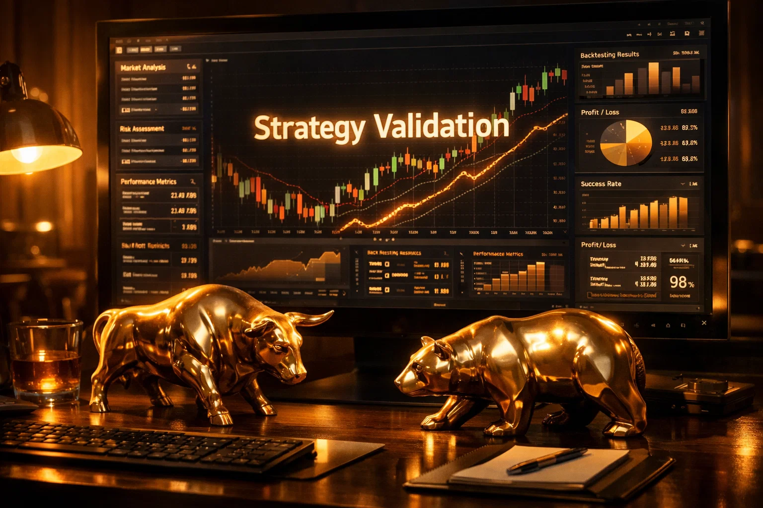 A digital interface showing strategy validation for AI gold trading with golden amber lighting.