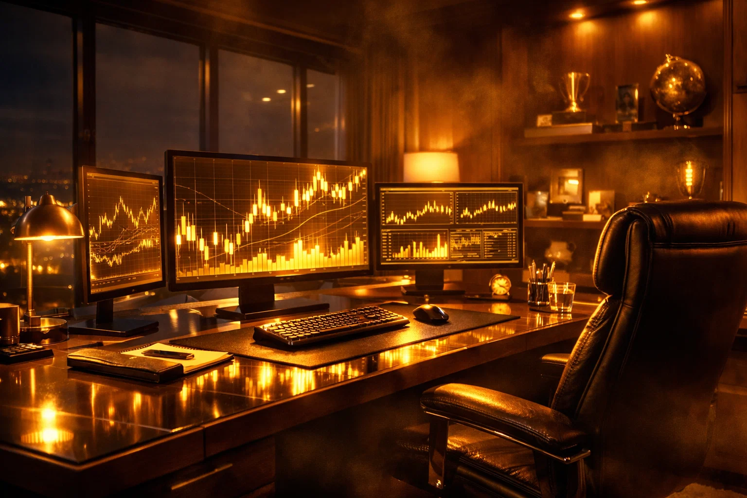 A premium professional trading workstation with glowing golden charts in a sophisticated home office.